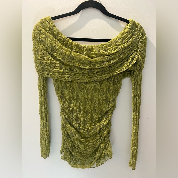 ZARA Off-Shoulder Pistachio Lace Top — Semi Sheer, Ruched, (Sz M, Fits S) - Picture 10 of 10